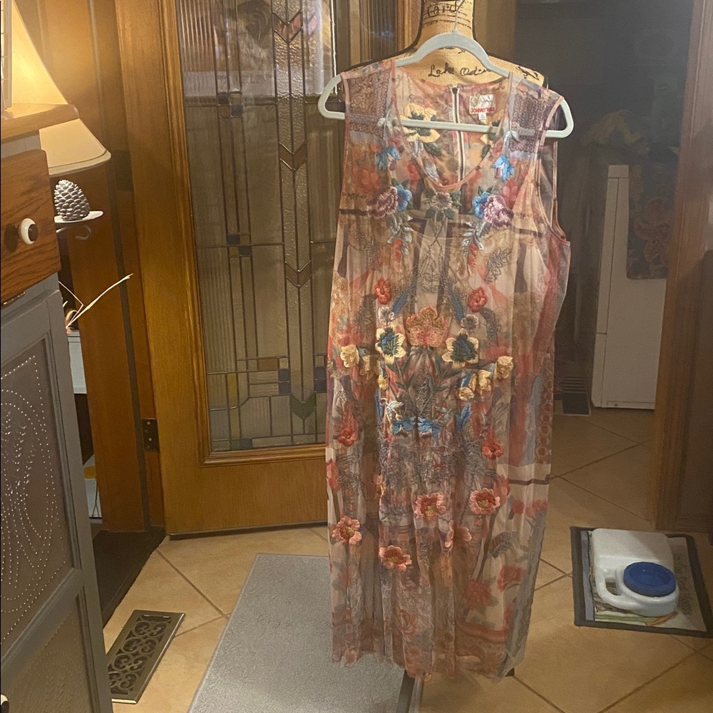 Johnny Was Sheer Floral Midi Dress in Blue, Pink and Cream - Picture 10 of 10